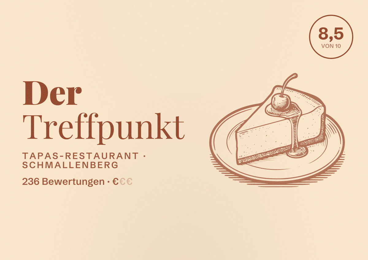Illustriertes Poster von Der Treffpunkt, Tapas-Restaurant in Schmallenberg: Bewertung 8,5 von 10 aus 236 Bewertungen, Preisniveau €