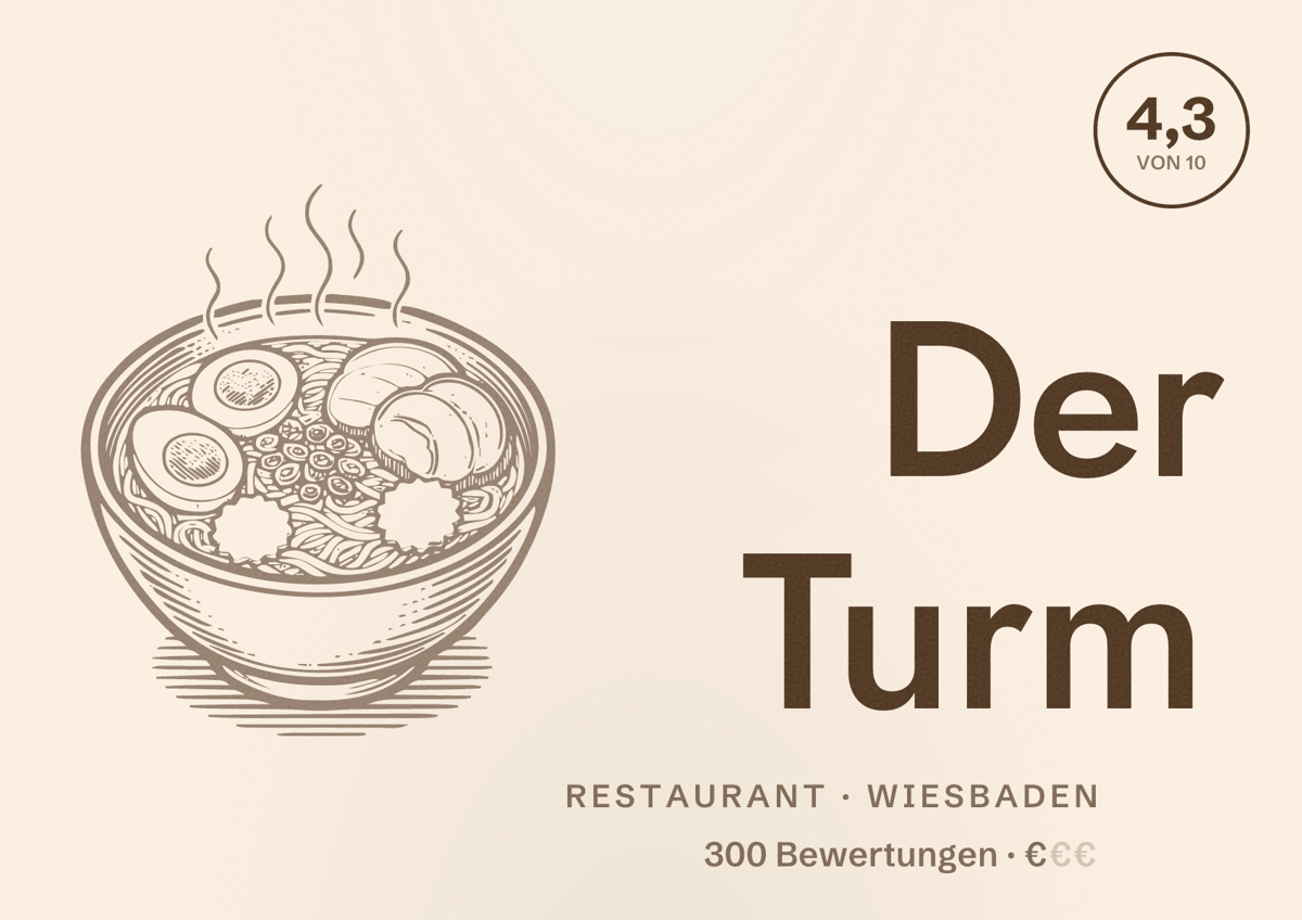 Illustriertes Poster von Der Turm, Restaurant in Wiesbaden: Bewertung 4,3 von 10 aus 300 Bewertungen, Preisniveau €