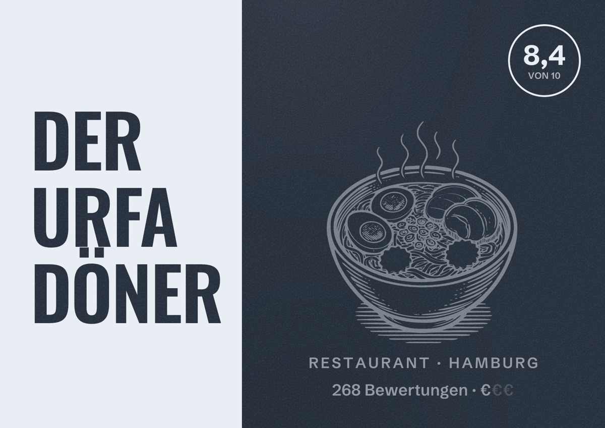 Illustriertes Poster von DER URFA DÖNER, Restaurant in Hamburg: Bewertung 8,4 von 10 aus 268 Bewertungen, Preisniveau €