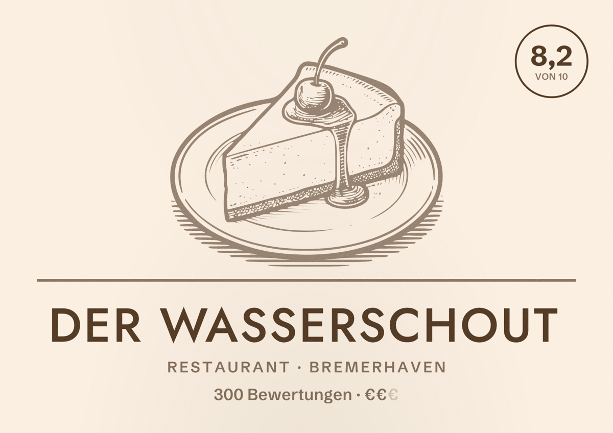 Illustriertes Poster von Der Wasserschout, Restaurant in Bremerhaven: Bewertung 8,2 von 10 aus 300 Bewertungen, Preisniveau €€