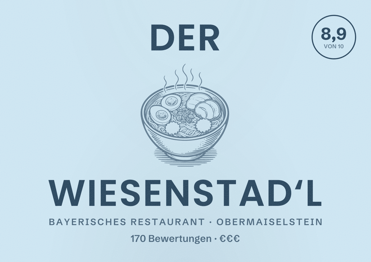 Illustriertes Poster von Der Wiesenstad‘l, Bayerisches Restaurant in Obermaiselstein: Bewertung 8,9 von 10 aus 170 Bewertungen, Preisniveau €€€