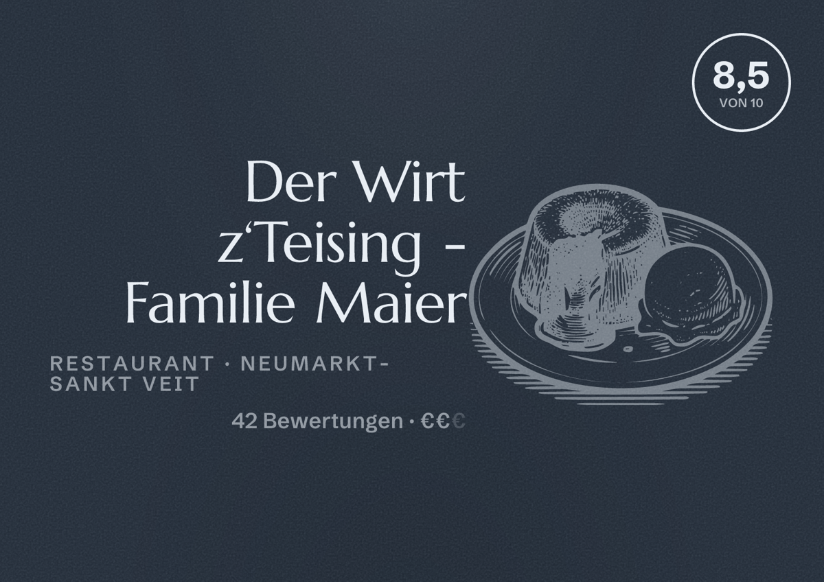Illustriertes Poster von Der Wirt z‘Teising - Familie Maier, Restaurant in Neumarkt-Sankt Veit: Bewertung 8,5 von 10 aus 42 Bewertungen, Preisniveau €€