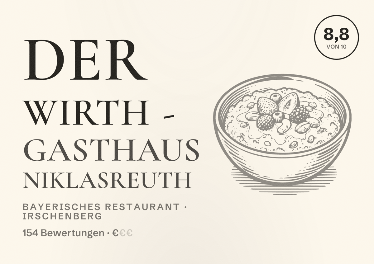 Illustriertes Poster von Der Wirth - Gasthaus Niklasreuth, Bayerisches Restaurant in Irschenberg: Bewertung 8,8 von 10 aus 154 Bewertungen, Preisniveau €