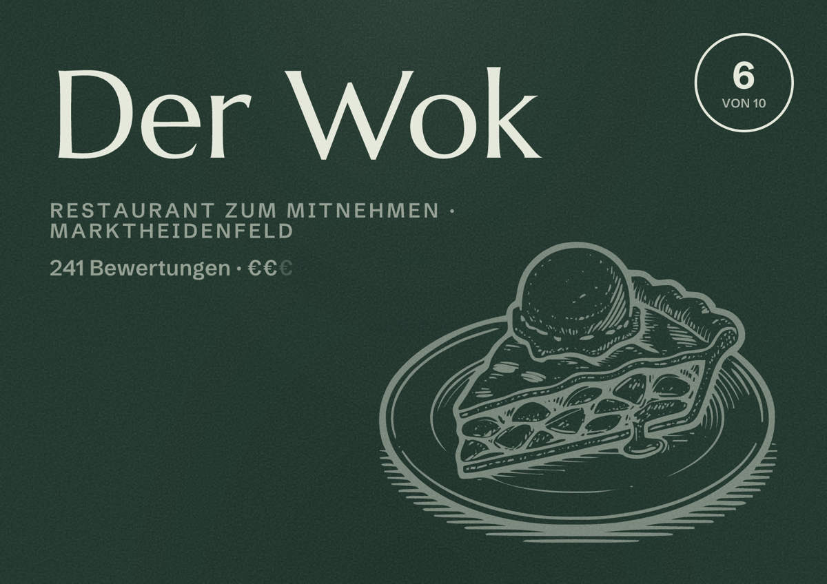 Illustriertes Poster von Der Wok, Restaurant zum Mitnehmen in Marktheidenfeld: Bewertung 6 von 10 aus 241 Bewertungen, Preisniveau €€