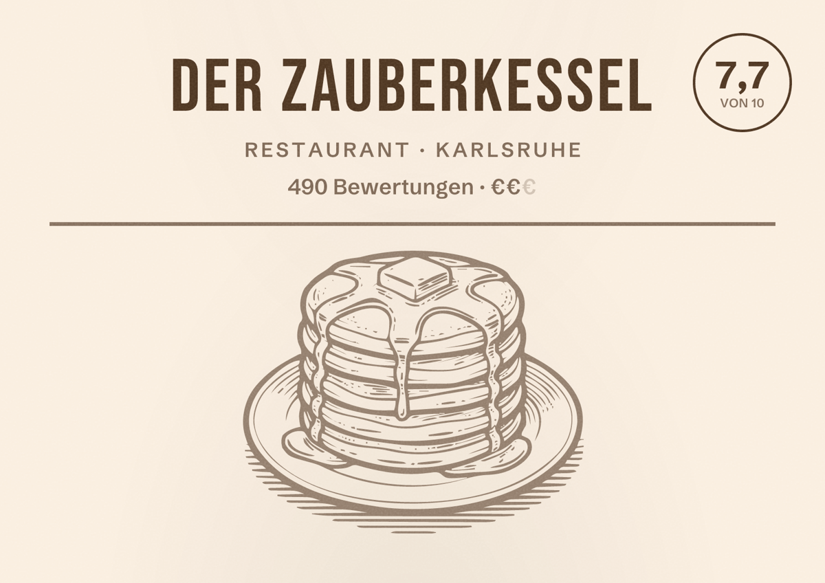 Illustriertes Poster von Der Zauberkessel, Restaurant in Karlsruhe: Bewertung 7,7 von 10 aus 490 Bewertungen, Preisniveau €€