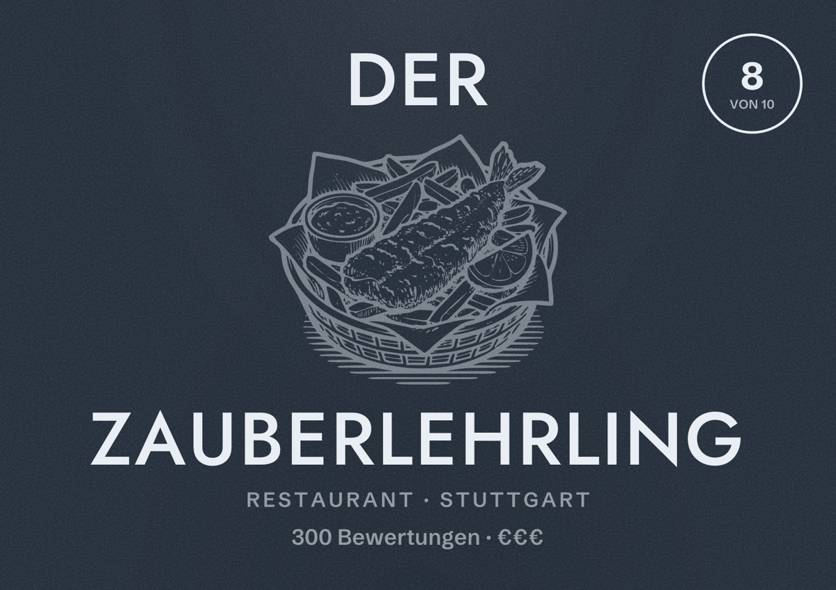 Illustriertes Poster von Der Zauberlehrling, Restaurant in Stuttgart: Bewertung 8,0 von 10 aus 300 Bewertungen, Preisniveau €€€