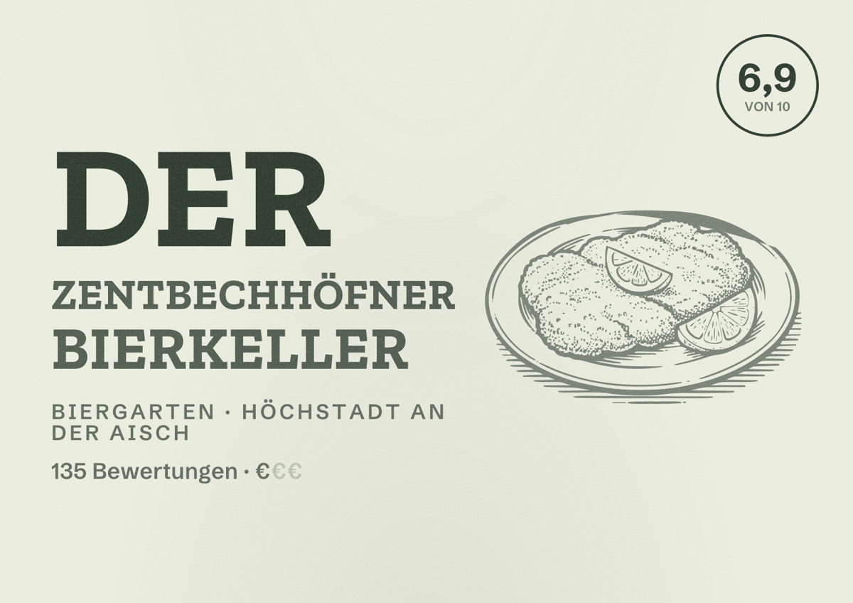 Illustriertes Poster von Der Zentbechhöfner Bierkeller, Biergarten in Höchstadt an der Aisch: Bewertung 6,9 von 10 aus 135 Bewertungen, Preisniveau €