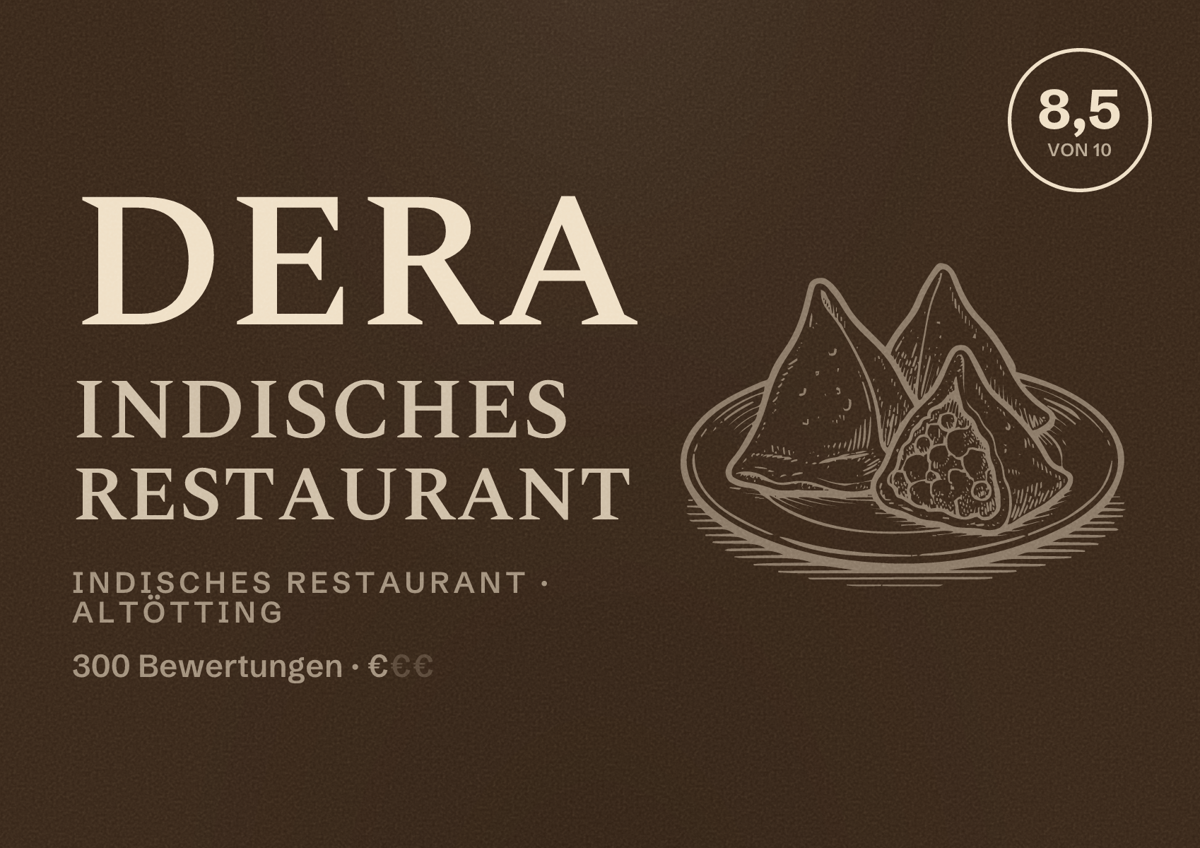 Illustriertes Poster von Dera Indisches Restaurant, Indisches Restaurant in Altötting: Bewertung 8,5 von 10 aus 300 Bewertungen, Preisniveau €