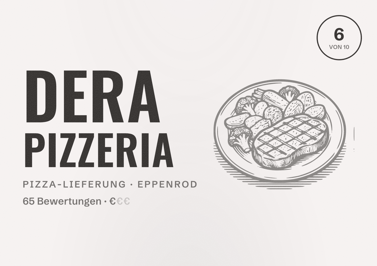 Illustriertes Poster von Dera Pizzeria, Pizza-Lieferung in Eppenrod: Bewertung 6 von 10 aus 65 Bewertungen, Preisniveau €