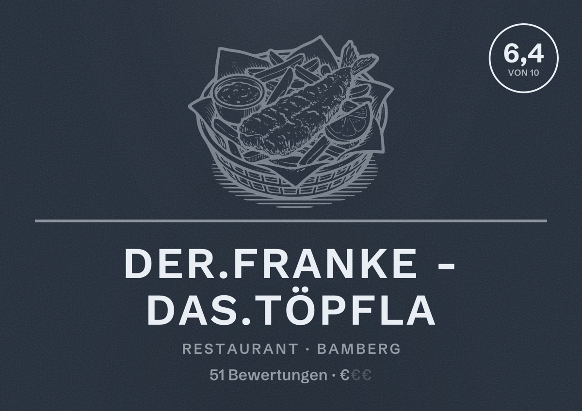 Illustriertes Poster von der.Franke - Das.Töpfla, Restaurant in Bamberg: Bewertung 6,4 von 10 aus 51 Bewertungen, Preisniveau €