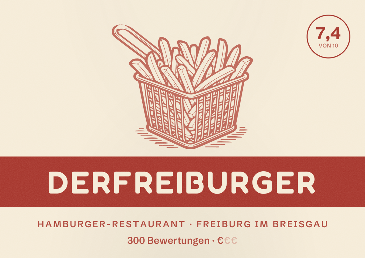 Illustriertes Poster von derfreiBurger, Hamburger-Restaurant in Freiburg im Breisgau: Bewertung 7,4 von 10 aus 300 Bewertungen, Preisniveau €