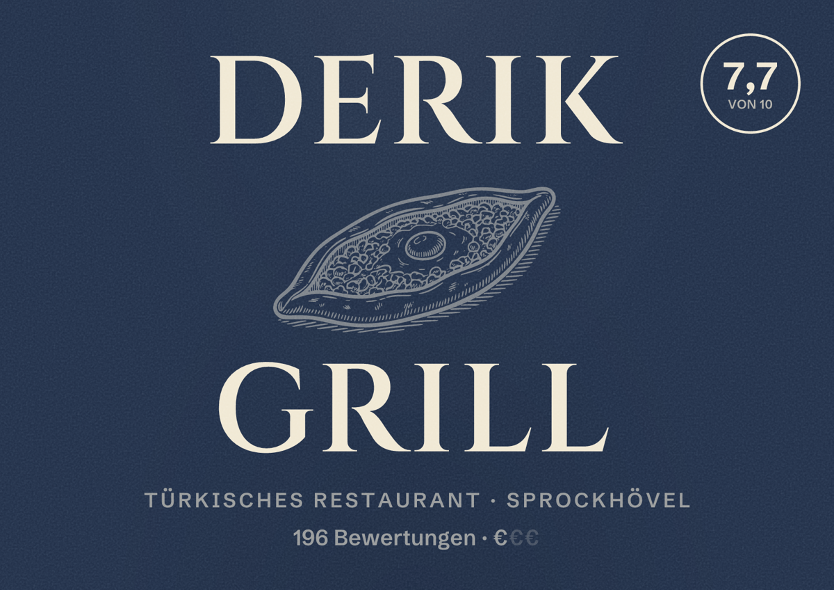 Illustriertes Poster von Derik Grill, Türkisches Restaurant in Sprockhövel: Bewertung 7,7 von 10 aus 196 Bewertungen, Preisniveau €