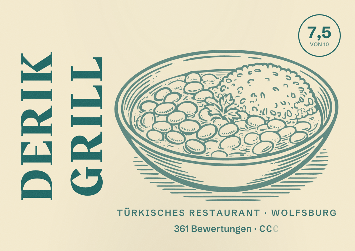 Illustriertes Poster von Derik Grill, Türkisches Restaurant in Wolfsburg: Bewertung 7,5 von 10 aus 361 Bewertungen, Preisniveau €€