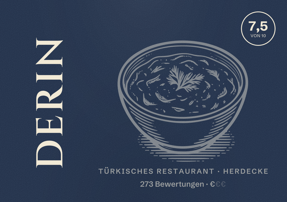 Illustriertes Poster von Derin, Türkisches Restaurant in Herdecke: Gästebewertung 7,5 von 10 aus 273 Bewertungen