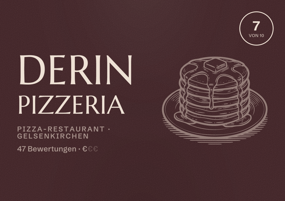 Illustriertes Poster von Derin Pizzeria, Pizza-Restaurant in Gelsenkirchen: Bewertung 7 von 10 aus 47 Bewertungen, Preisniveau €