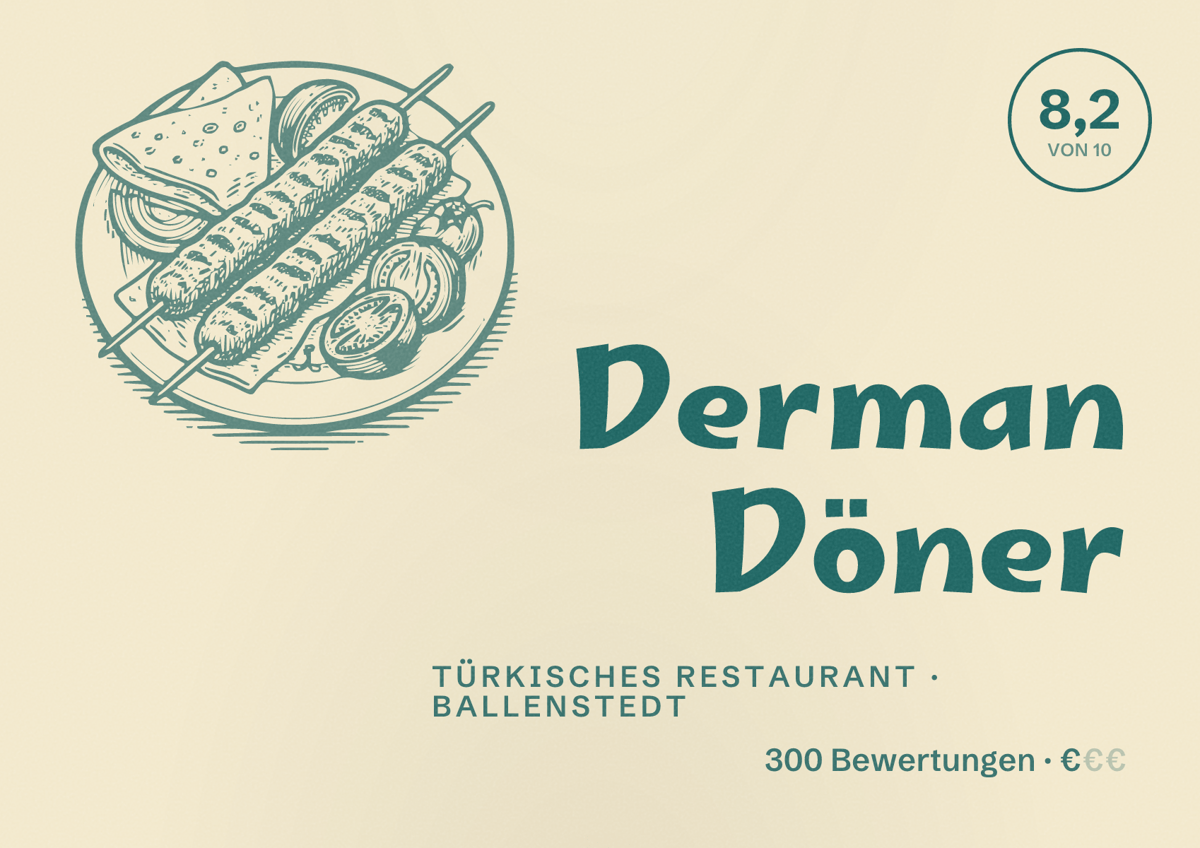 Illustriertes Poster von Derman Döner, Türkisches Restaurant in Ballenstedt: Bewertung 8,2 von 10 aus 300 Bewertungen, Preisniveau €