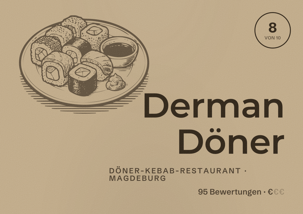 Illustriertes Poster von Derman Döner, Döner-Kebab-Restaurant in Magdeburg: Bewertung 8 von 10 aus 95 Bewertungen, Preisniveau €