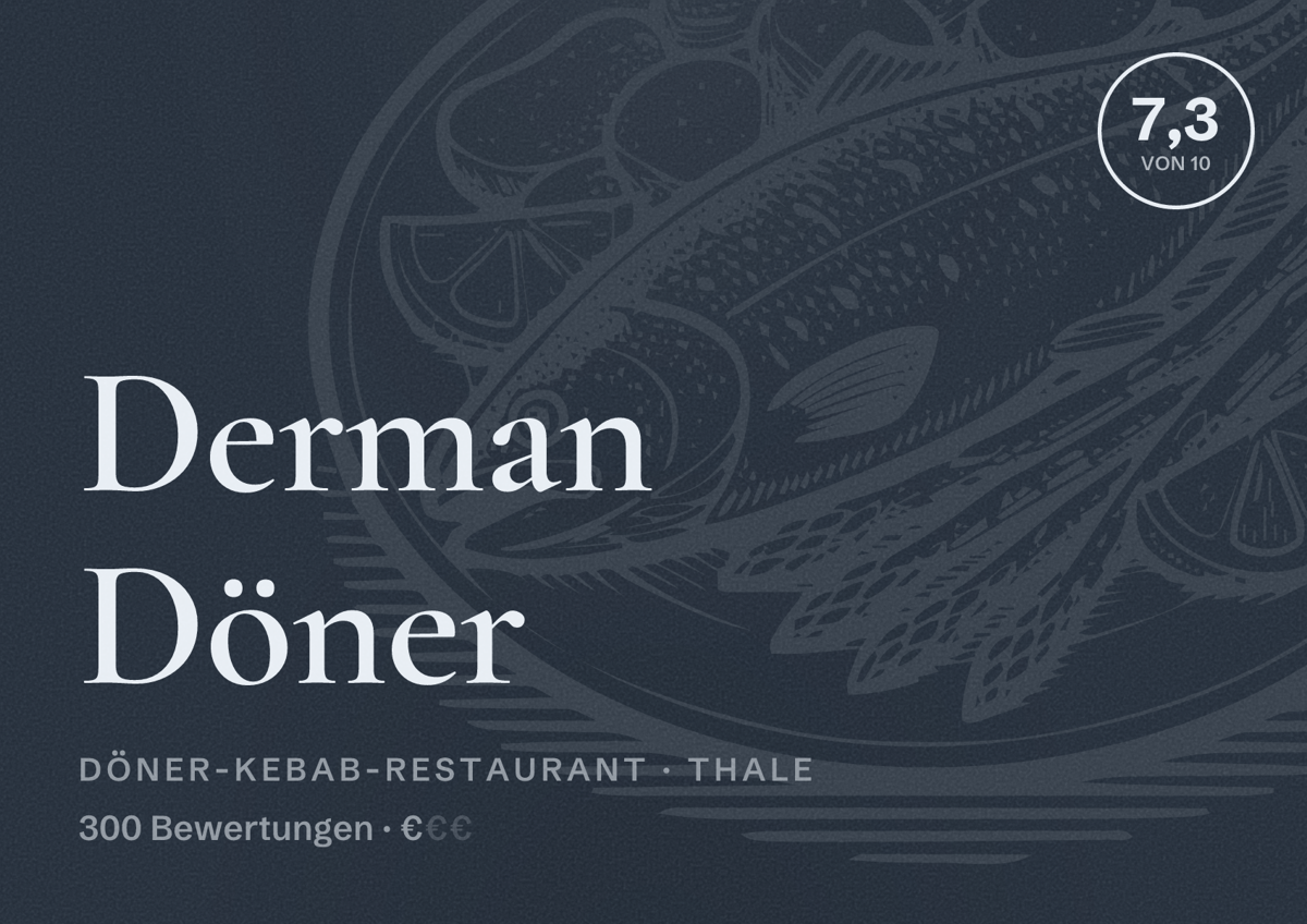 Illustriertes Poster von Derman Döner, Döner-Kebab-Restaurant in Thale: Bewertung 7,3 von 10 aus 300 Bewertungen, Preisniveau €