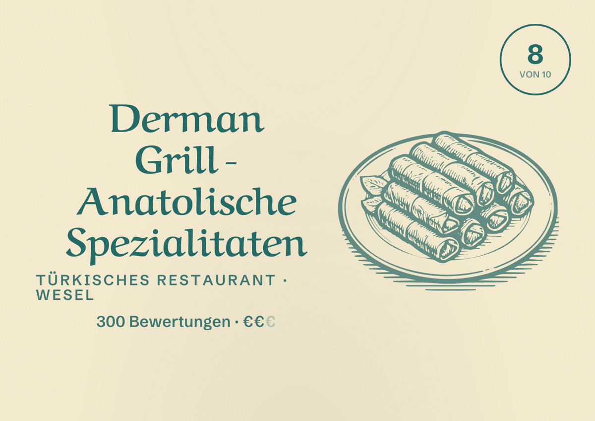 Illustriertes Poster von Derman Grill - Anatolische Spezialitaten, Türkisches Restaurant in Wesel: Bewertung 8 von 10 aus 300 Bewertungen, Preisniveau €€