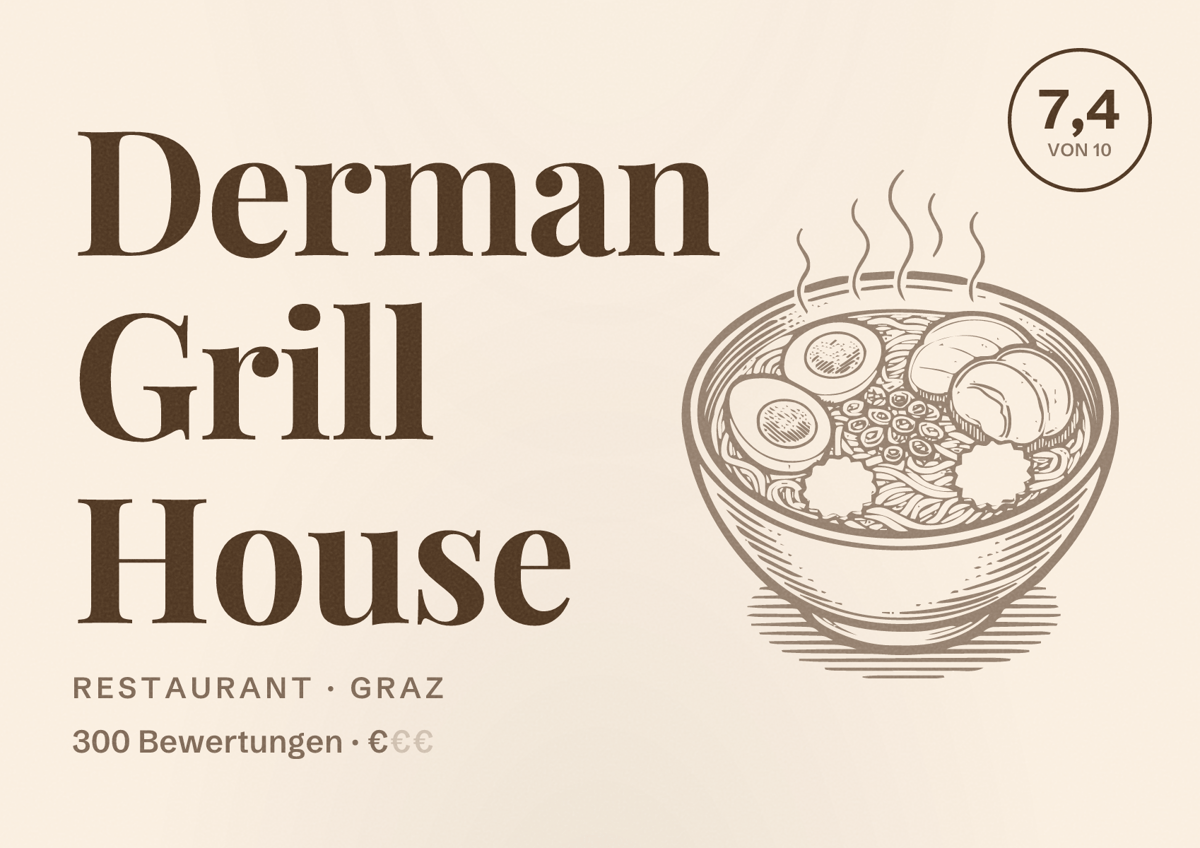 Illustriertes Poster von Derman Grill House, Restaurant in Graz: Bewertung 7,4 von 10 aus 300 Bewertungen, Preisniveau €