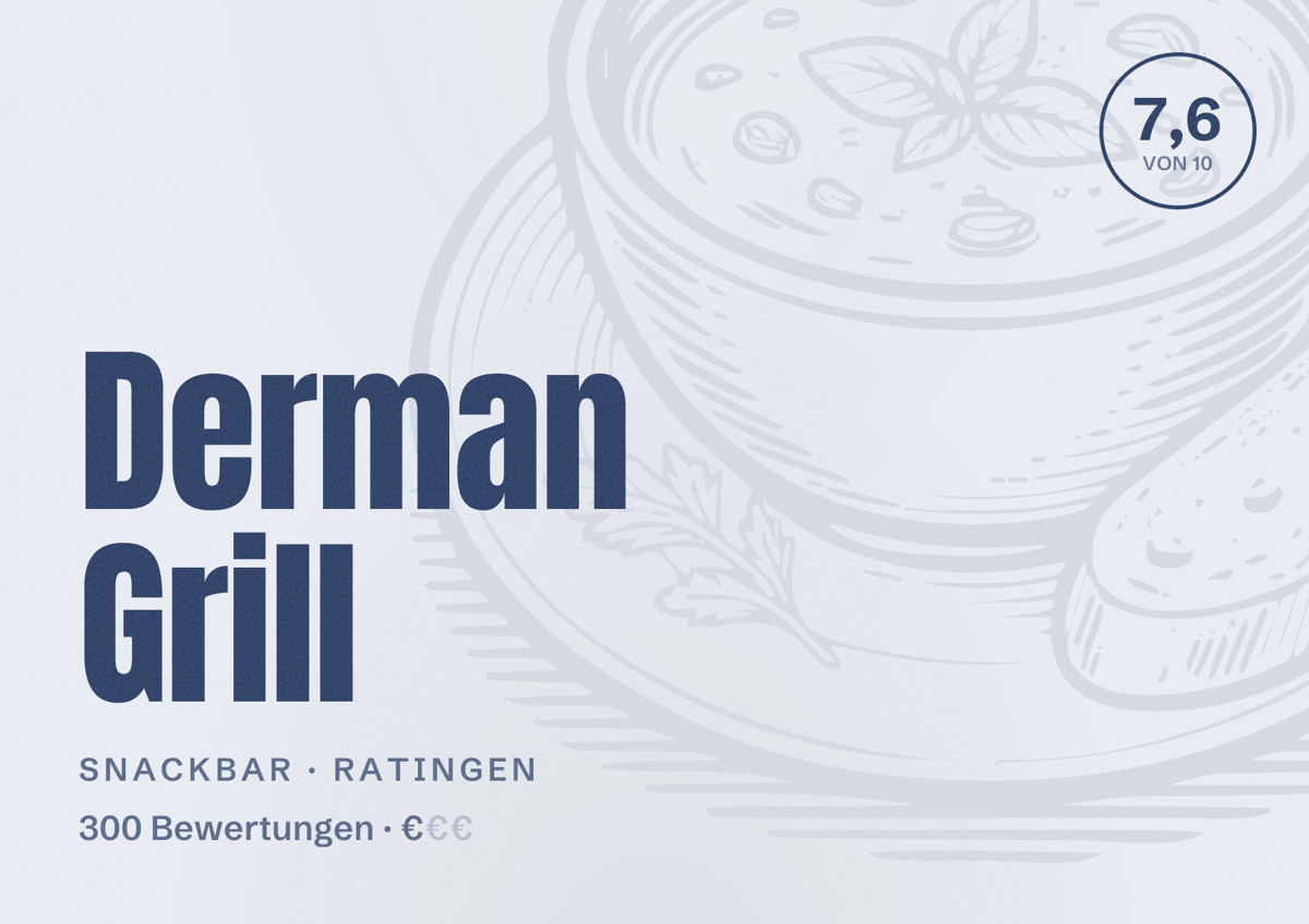 Illustriertes Poster von Derman Grill, Snackbar in Ratingen: Bewertung 7,6 von 10 aus 300 Bewertungen, Preisniveau €