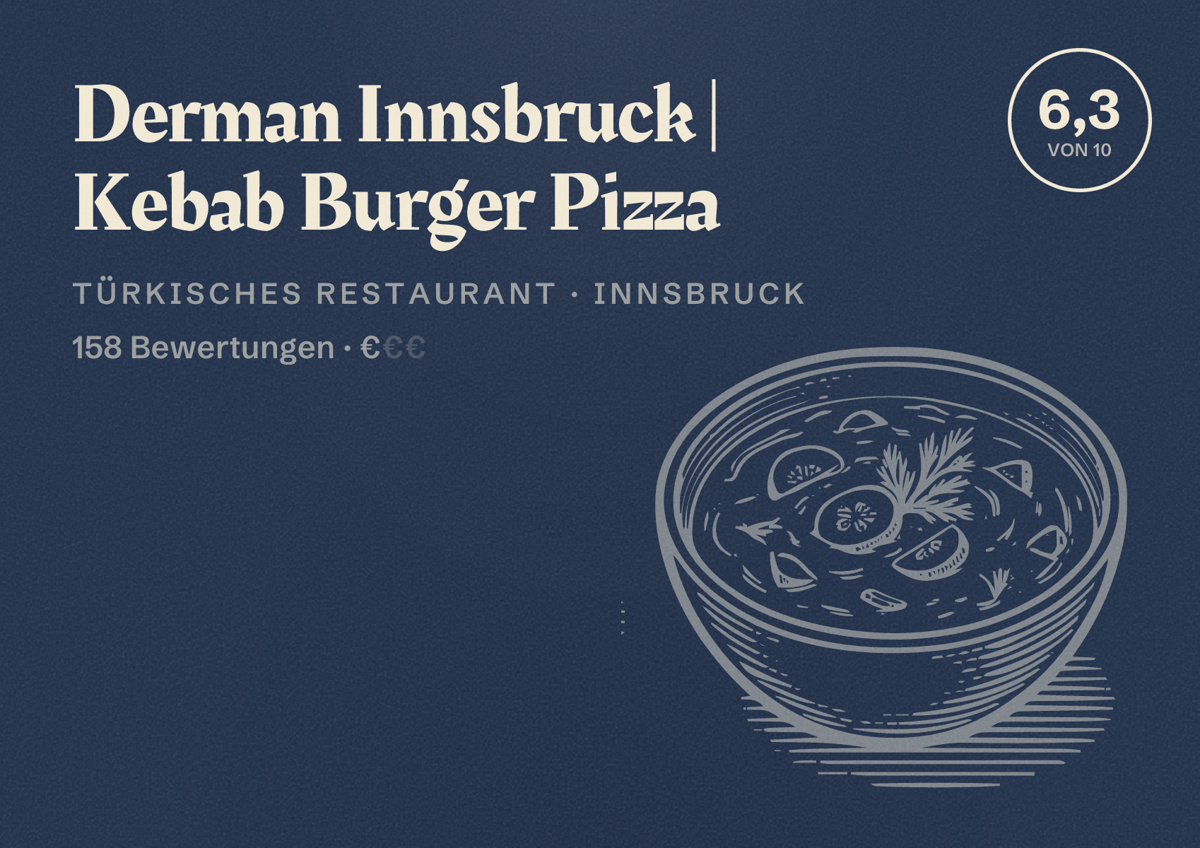 Illustriertes Poster von Derman Innsbruck | Kebab Burger Pizza, Türkisches Restaurant in Innsbruck: Bewertung 6,3 von 10 aus 158 Bewertungen, Preisniveau €