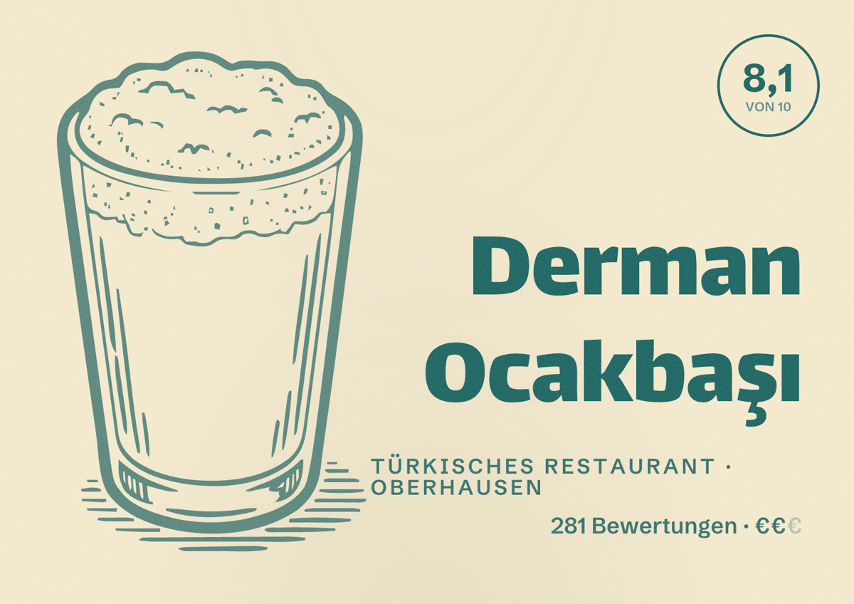 Illustriertes Poster von Derman Ocakbaşı, Türkisches Restaurant in Oberhausen: Bewertung 8,1 von 10 aus 281 Bewertungen, Preisniveau €€