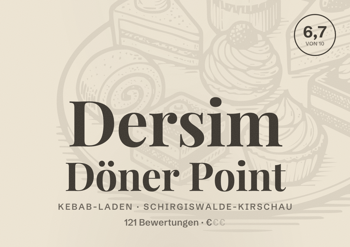 Illustriertes Poster von Dersim Döner Point, Kebab-Laden in Schirgiswalde-Kirschau: Bewertung 6,7 von 10 aus 121 Bewertungen, Preisniveau €