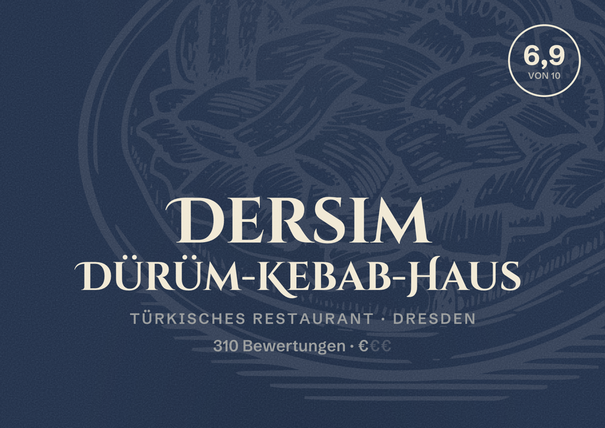 Illustriertes Poster von Dersim Dürüm-Kebab-Haus, Türkisches Restaurant in Dresden: Bewertung 6,9 von 10 aus 310 Bewertungen, Preisniveau €