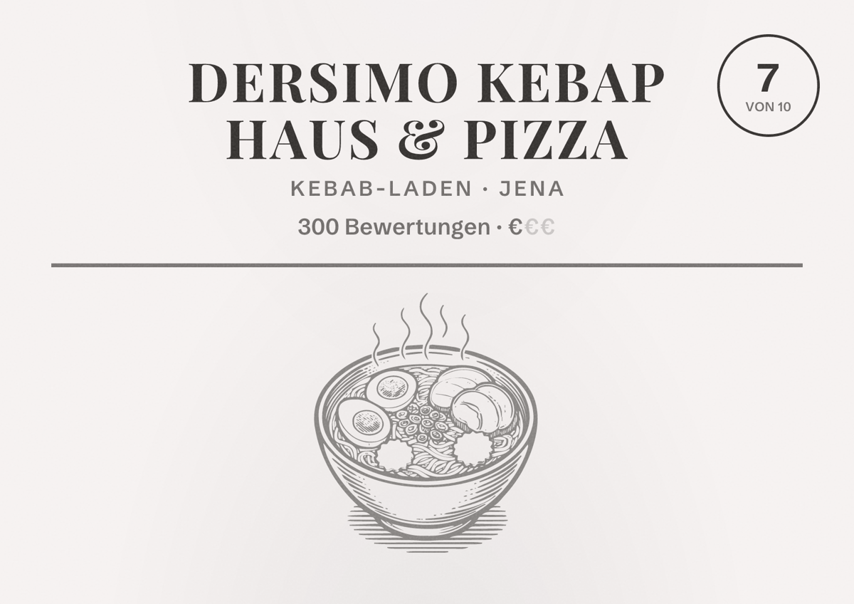 Illustriertes Poster von Dersimo Kebap Haus & Pizza, Kebab-Laden in Jena: Bewertung 7 von 10 aus 300 Bewertungen, Preisniveau €