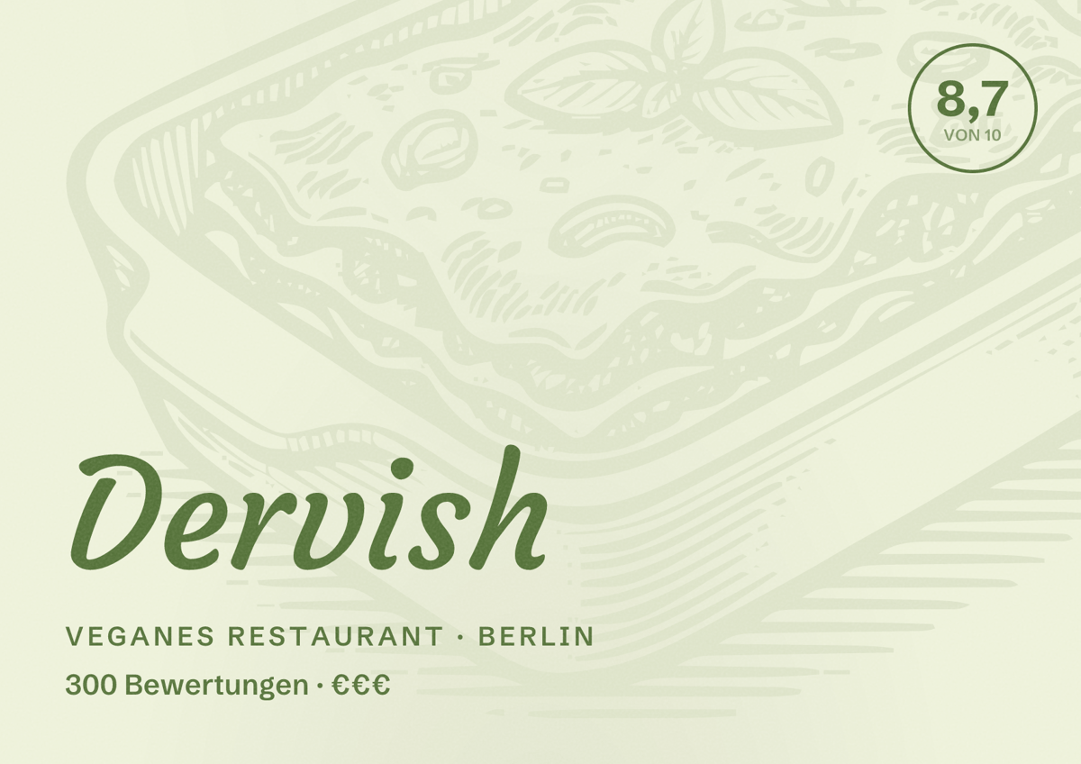 Illustriertes Poster von Dervish, Veganes Restaurant in Berlin: Bewertung 8,7 von 10 aus 300 Bewertungen, Preisniveau €€€