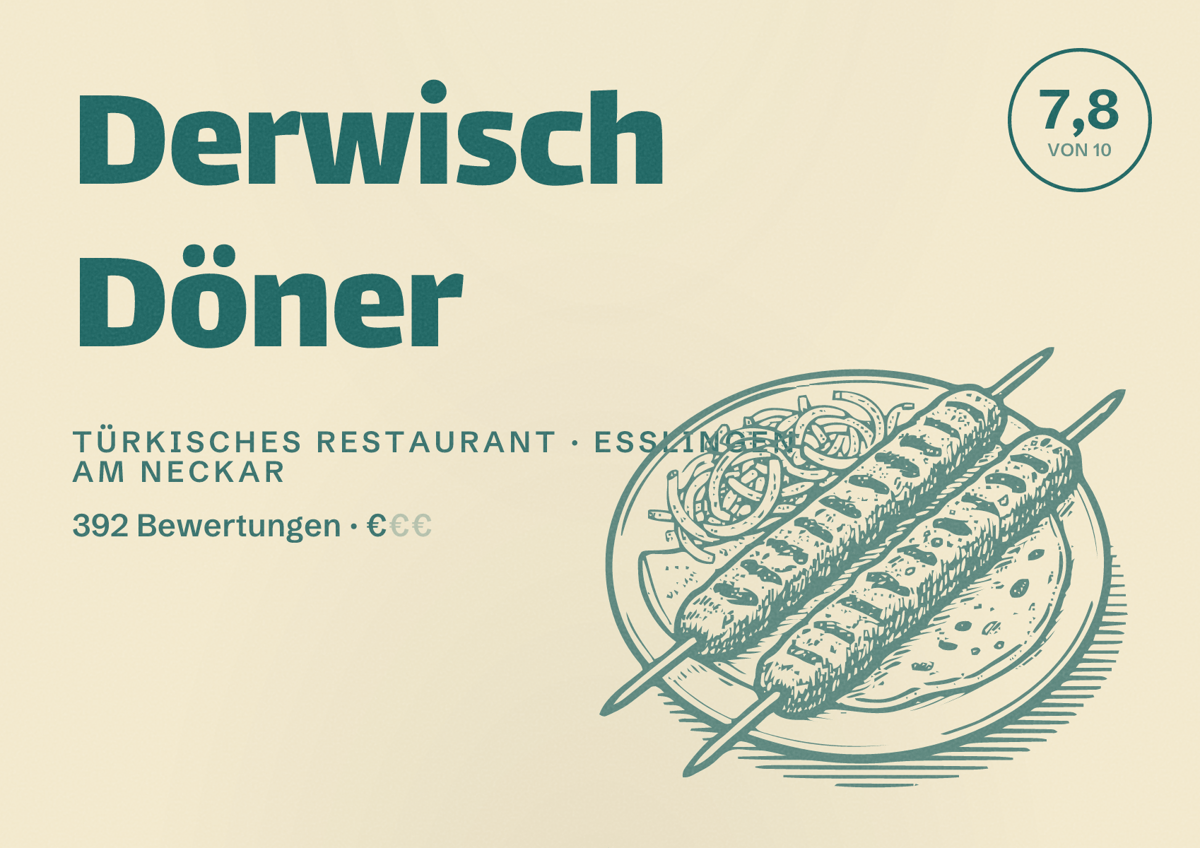 Illustriertes Poster von Derwisch Döner, Türkisches Restaurant in Esslingen am Neckar: Bewertung 7,8 von 10 aus 392 Bewertungen, Preisniveau €