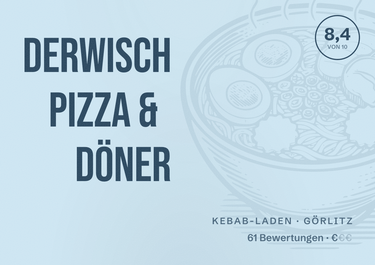 Illustriertes Poster von Derwisch Pizza & Döner, Kebab-Laden in Görlitz: Bewertung 8,4 von 10 aus 61 Bewertungen, Preisniveau €