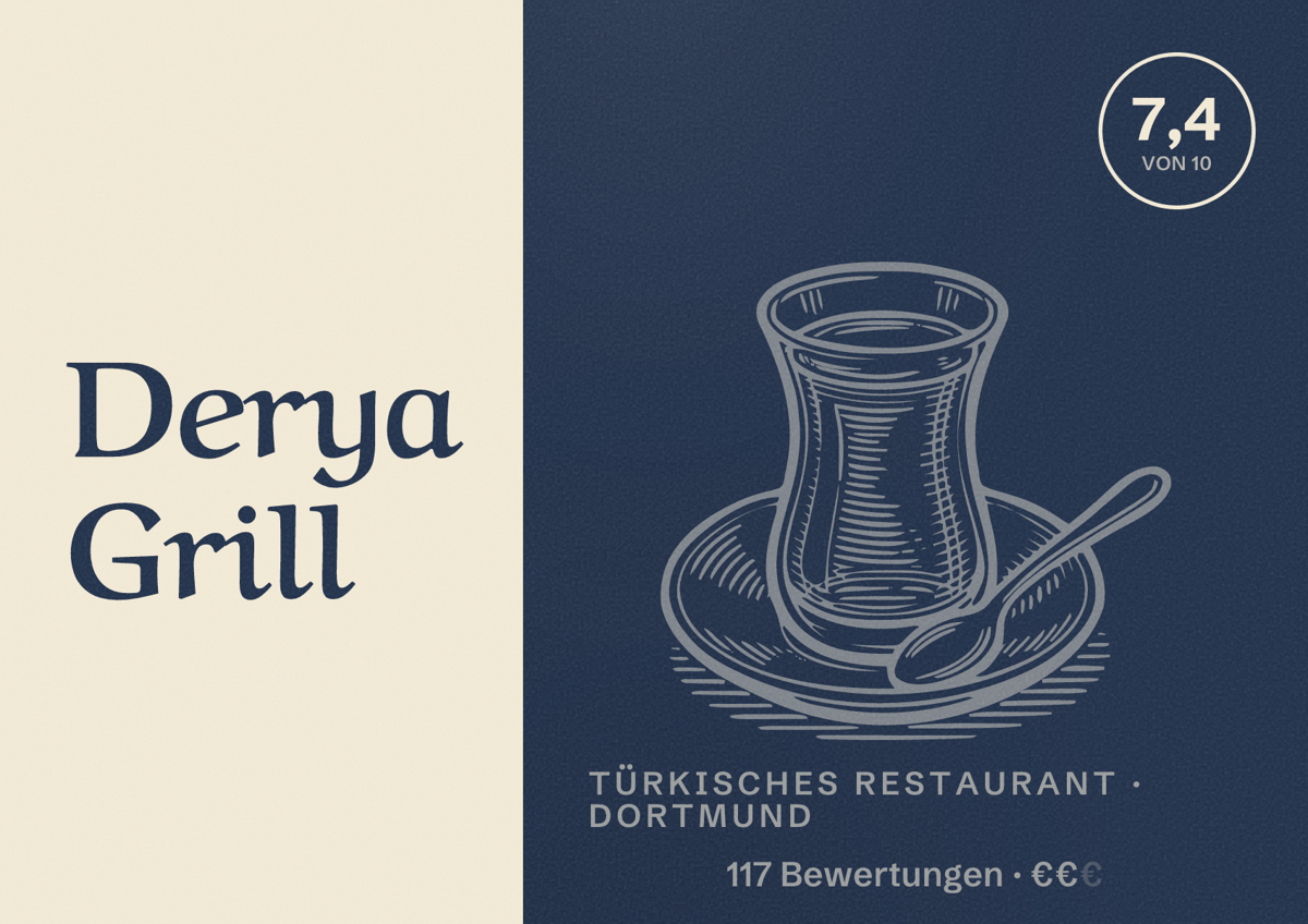 Illustriertes Poster von Derya Grill, Türkisches Restaurant in Dortmund: Bewertung 7,4 von 10 aus 117 Bewertungen, Preisniveau €€