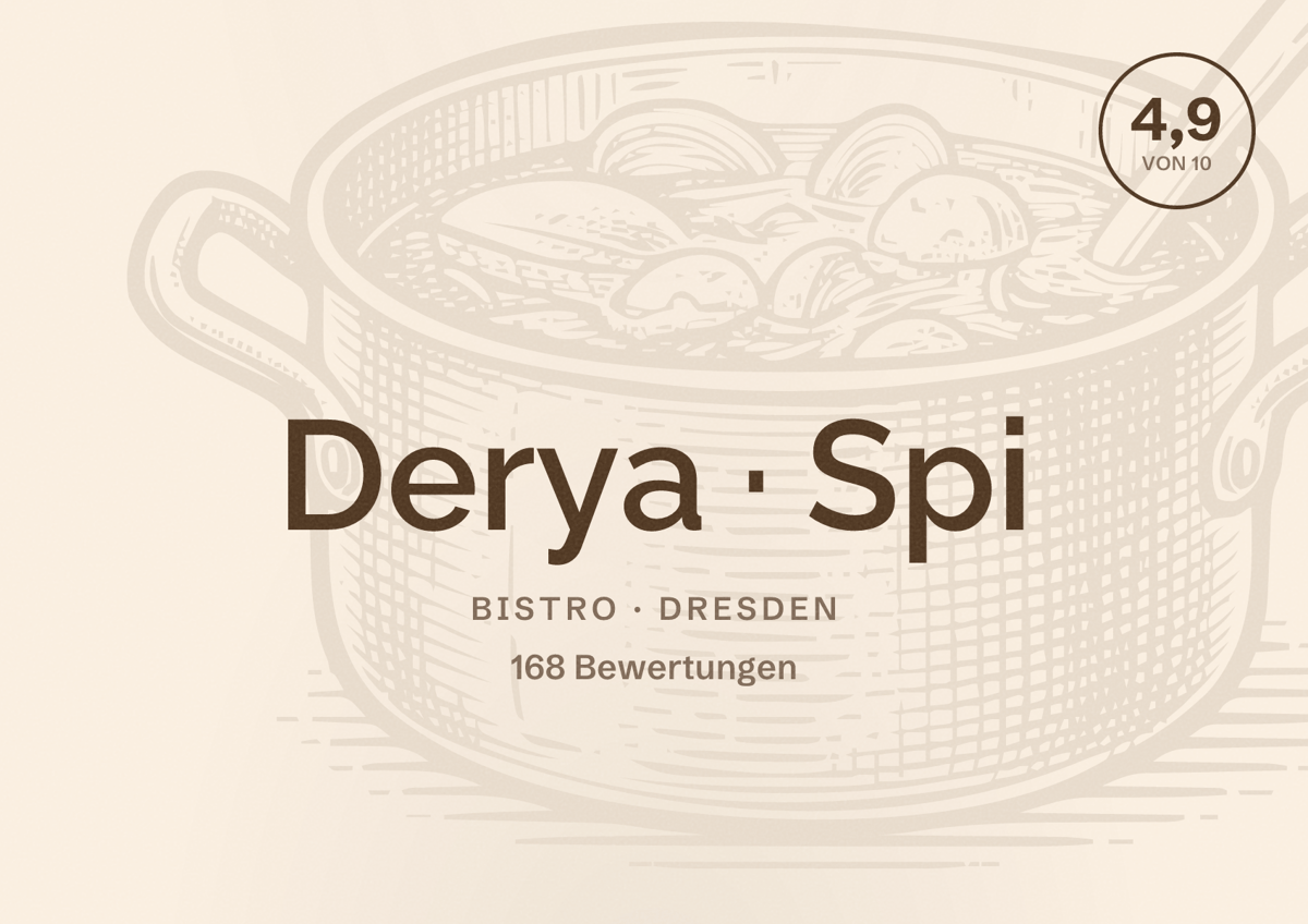 Illustriertes Poster von Derya Spi, Bistro in Dresden: Bewertung 4,9 von 10 aus 168 Bewertungen