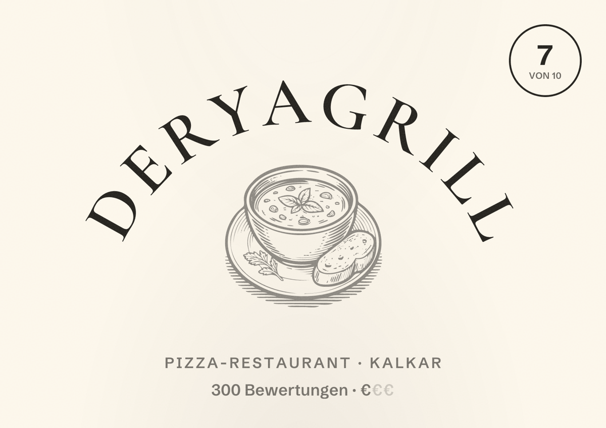 Illustriertes Poster von DeryaGrill, Pizza-Restaurant in Kalkar: Bewertung 7 von 10 aus 300 Bewertungen, Preisniveau €