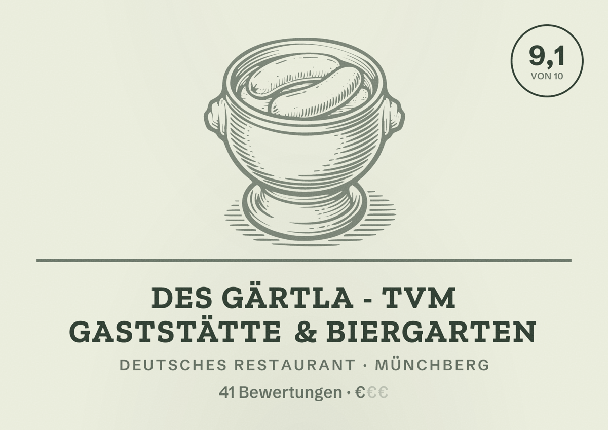 Illustriertes Poster von Des Gärtla - TVM Gaststätte & Biergarten, Deutsches Restaurant in Münchberg: Bewertung 9,1 von 10 aus 41 Bewertungen, Preisniveau €