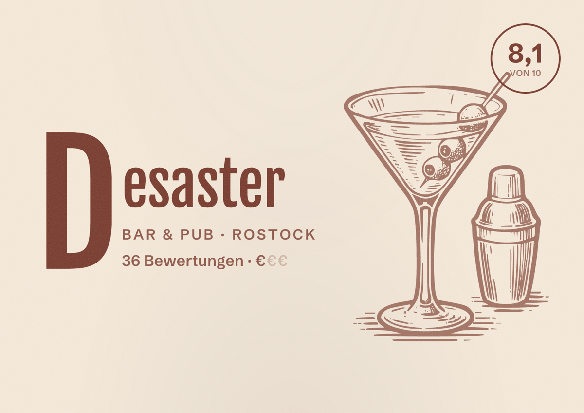 Illustriertes Poster von Desaster, Bar & Pub in Rostock: Bewertung 8,1 von 10 aus 36 Bewertungen, Preisniveau €
