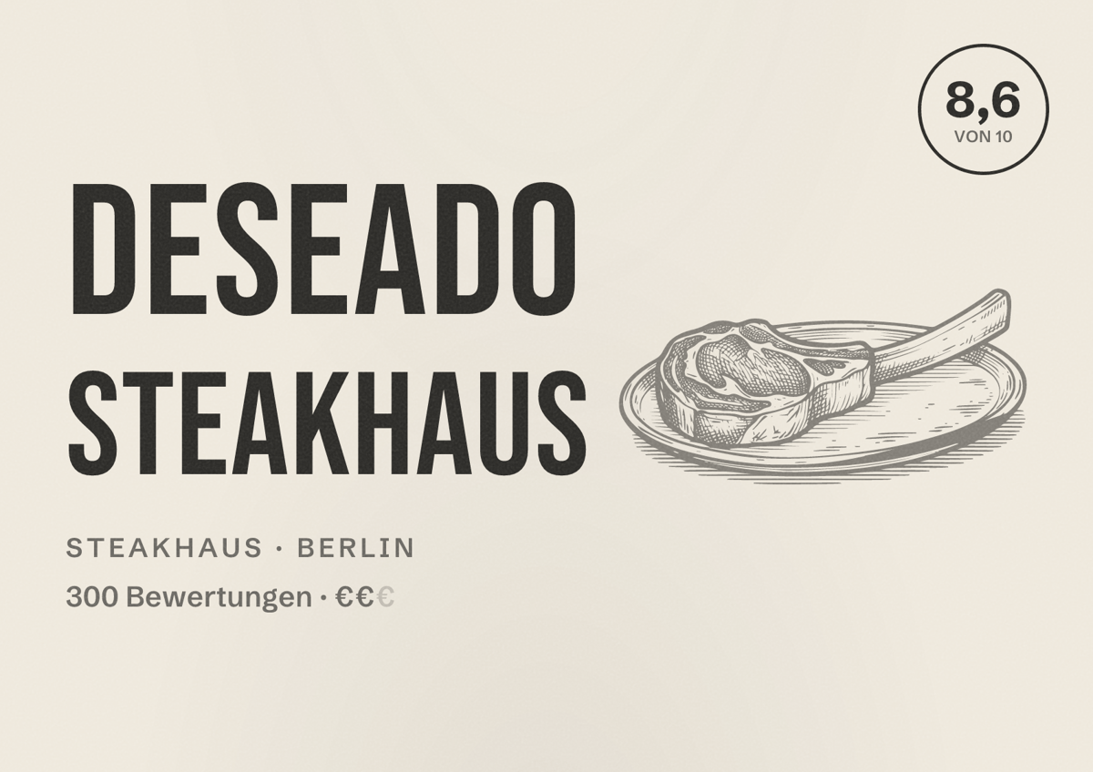Illustriertes Poster von Deseado Steakhaus, Steakhaus in Berlin: Bewertung 8,6 von 10 aus 300 Bewertungen, Preisniveau €€