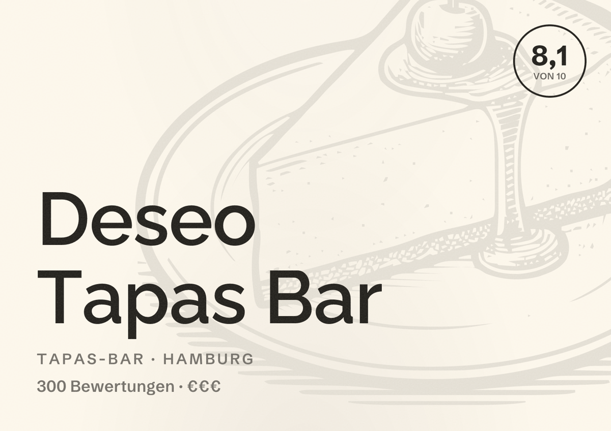Illustriertes Poster von Deseo Tapas Bar, Tapas-Bar in Hamburg: Bewertung 8,1 von 10 aus 300 Bewertungen, Preisniveau €€€