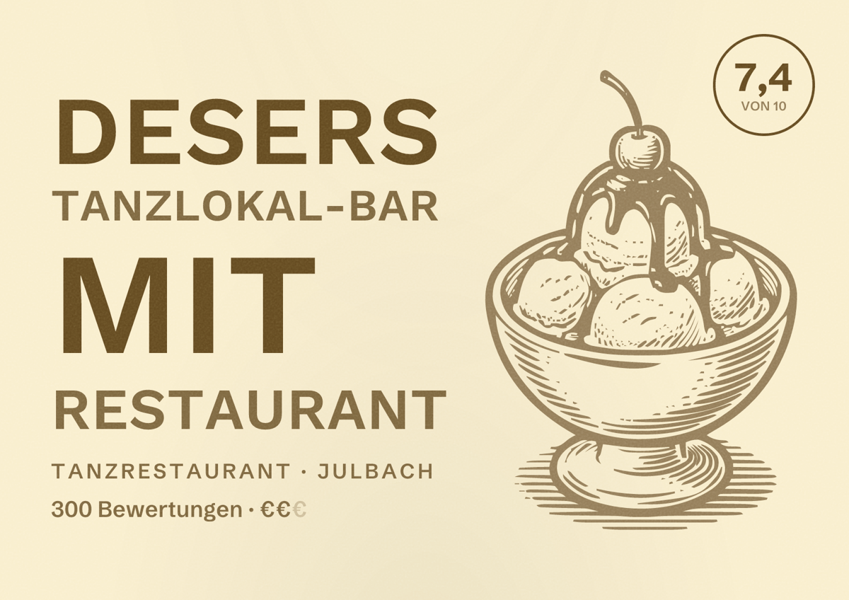 Illustriertes Poster von DESERS Tanzlokal-Bar mit Restaurant, Tanzrestaurant in Julbach: Bewertung 7,4 von 10 aus 300 Bewertungen, Preisniveau €€
