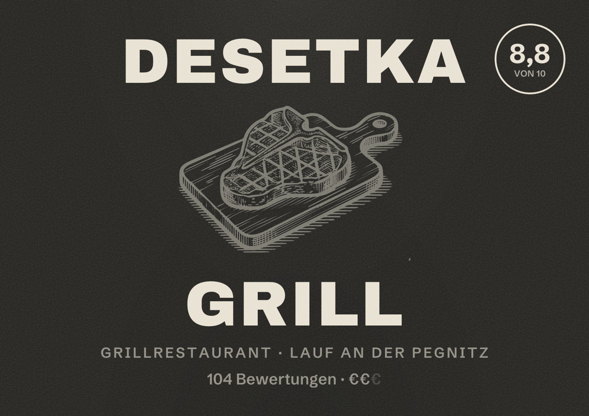 Illustriertes Poster von DESETKA GRILL, Grillrestaurant in Lauf an der Pegnitz: Bewertung 8,8 von 10 aus 104 Bewertungen, Preisniveau €€