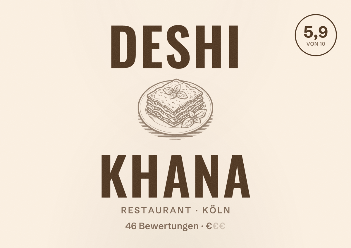Illustriertes Poster von Deshi Khana, Restaurant in Köln: Bewertung 5,9 von 10 aus 46 Bewertungen, Preisniveau €
