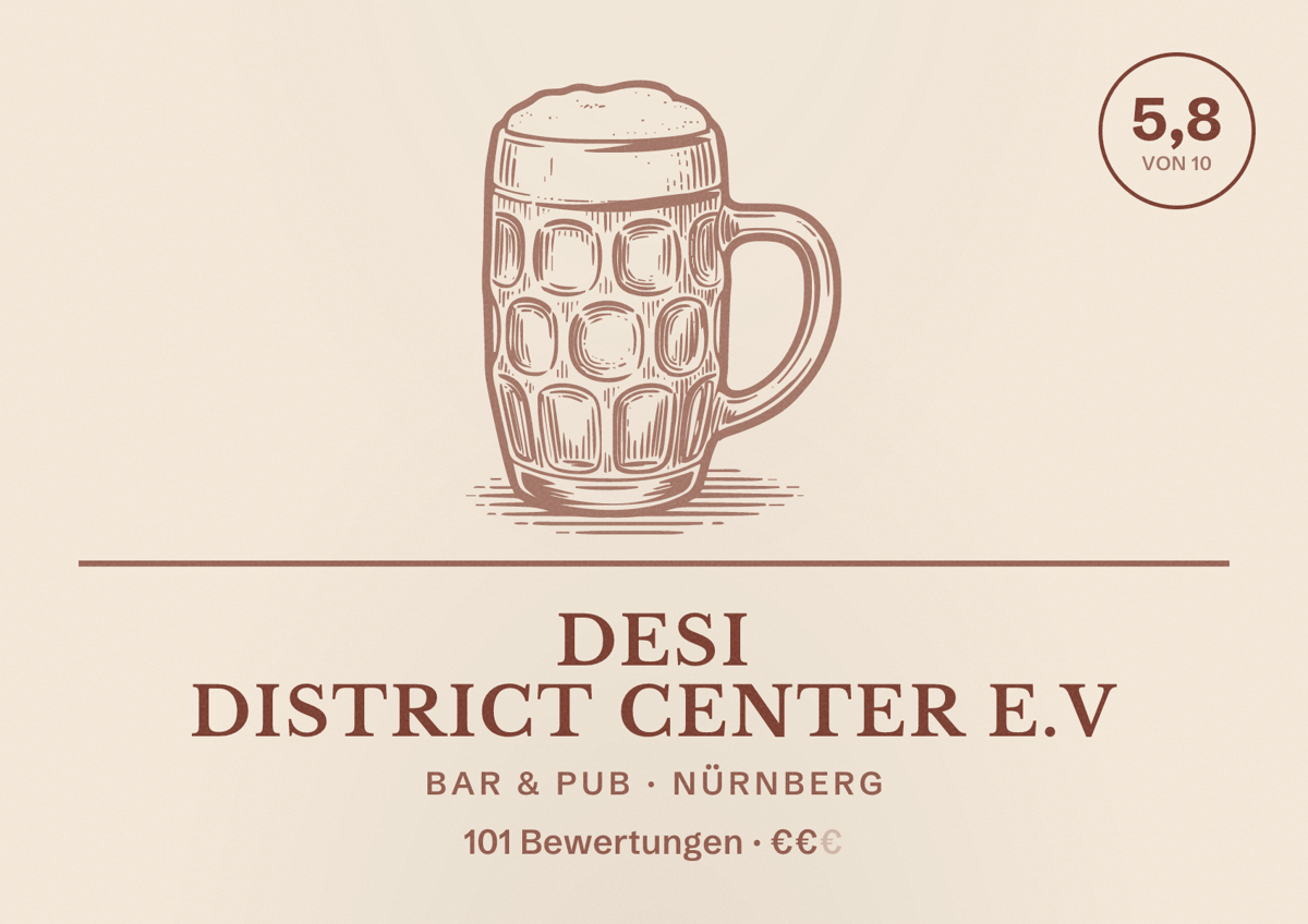 Illustriertes Poster von DESI district center e.V, Bar & Pub in Nürnberg: Bewertung 5,8 von 10 aus 101 Bewertungen, Preisniveau €€