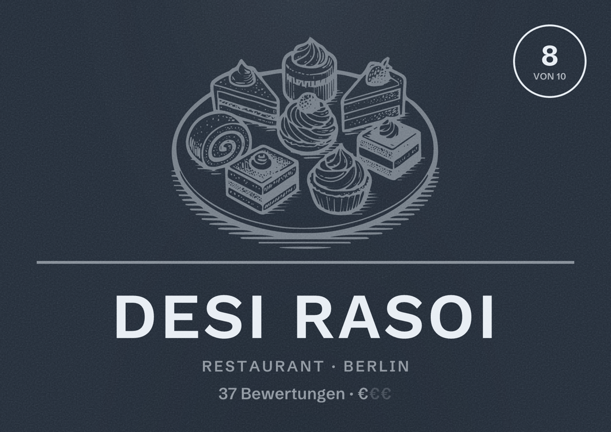 Illustriertes Poster von Desi Rasoi, Restaurant in Berlin: Bewertung 8 von 10 aus 37 Bewertungen, Preisniveau €
