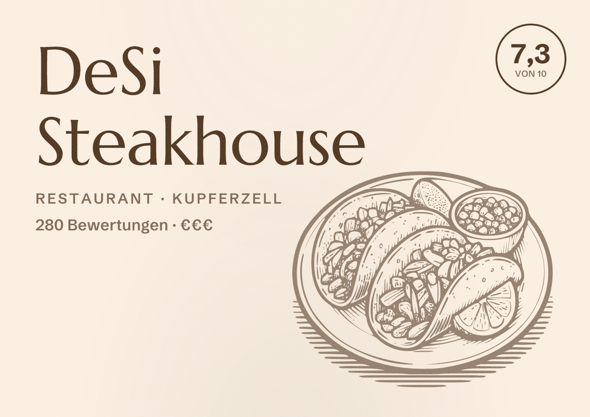 Illustriertes Poster von DeSi Steakhouse, Restaurant in Kupferzell: Bewertung 7,3 von 10 aus 280 Bewertungen, Preisniveau €€€