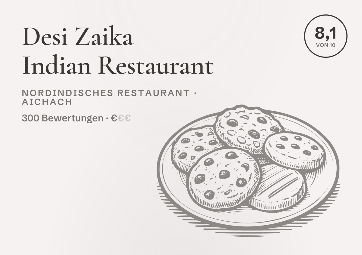 Illustriertes Poster von Desi Zaika Indian Restaurant, Nordindisches Restaurant in Aichach: Bewertung 8,1 von 10 aus 300 Bewertungen, Preisniveau €