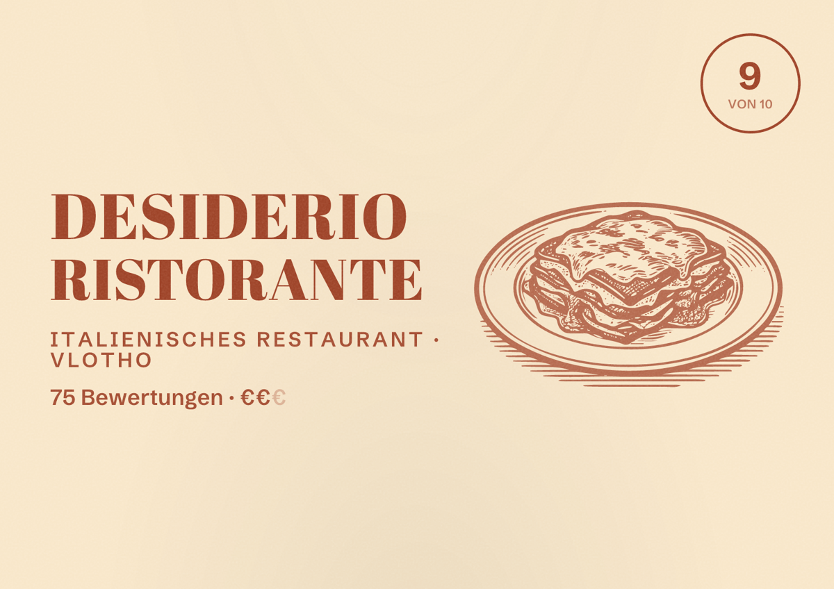 Illustriertes Poster von Desiderio Ristorante, Italienisches Restaurant in Vlotho: Bewertung 9 von 10 aus 75 Bewertungen, Preisniveau €€