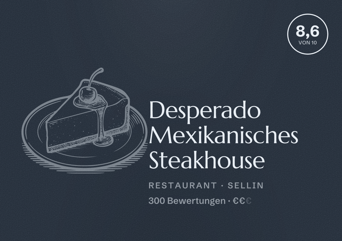Illustriertes Poster von Desperado Mexikanisches Steakhouse, Restaurant in Sellin: Bewertung 8,6 von 10 aus 300 Bewertungen, Preisniveau €€