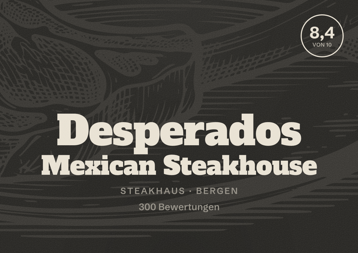 Illustriertes Poster von Desperados Mexican Steakhouse, Steakhaus in Bergen: Bewertung 8,4 von 10 aus 300 Bewertungen
